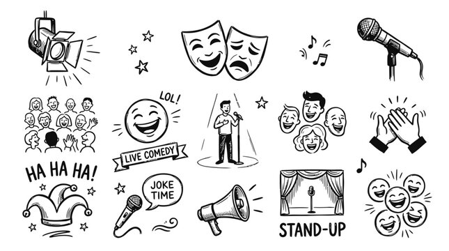 Comedy Show Elements: Stand-up, Jokes, Laughter, Audience, Stage, Microphone Icons