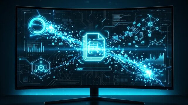 Digital data transfer technology with glowing document icon on curved monitor screen featuring futuristic interface, blue neon light, data visualization, charts, graphs, and information flow