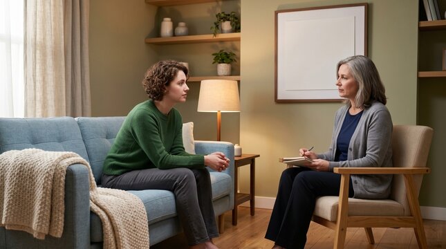 Body Image Counseling In Home Like Therapy Room With Warm Light