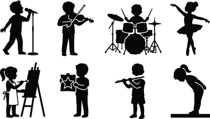 Black silhouette set of children engaging in creative arts and talent show activities like music, dance, and painting. © Rokon