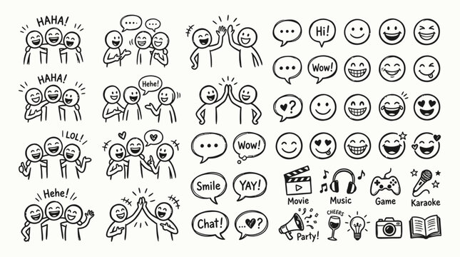 Doodle Friends, Group Smiles, Celebration Icons, Social Media Symbols