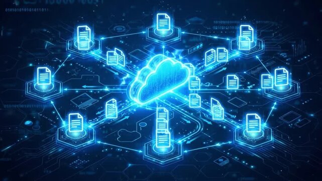 Cloud storage network with digital file icons connected by glowing lines representing data sharing and online information exchange in futuristic technology and network connection environment