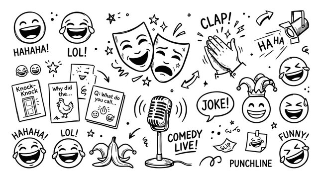 Comedy Show Elements: Laughing Faces, Theater Masks, Microphone, Jokes, Clapping Hands