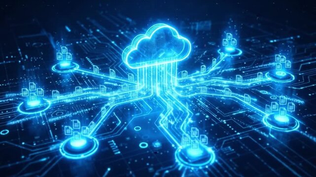 Cloud computing network digital data transfer and storage with glowing blue circuit board connections representing futuristic technology and seamless information flow connection