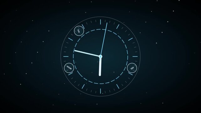 Futuristic digital clock interface with rotating celestial on dark starry background, time