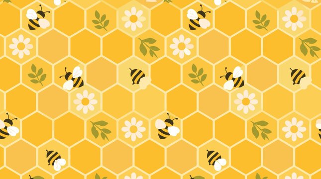 Vibrant honeycomb pattern with busy bees and white flowers on yellow background