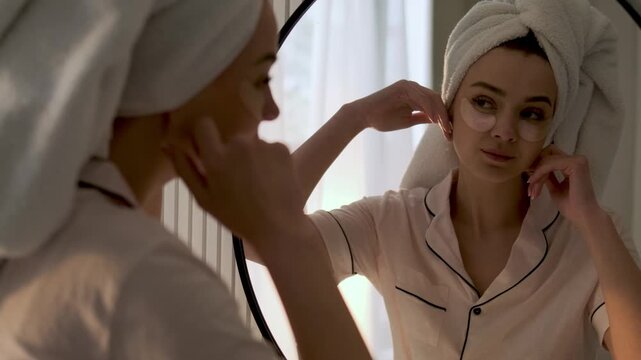 Young woman with a towel wrapped around her hair applying under eye patches while looking in a mirror at home. Morning skincare, beauty treatment and self care wellness concept
