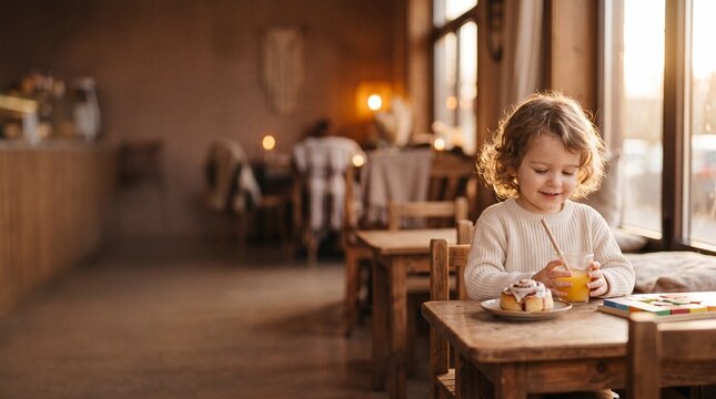 A young child enjoys a sweet pastry and juice at a cozy cafe table, bathed in the warm afternoon sun streaming through the window, evoking a sense of childhood innocence and simple pleasures.