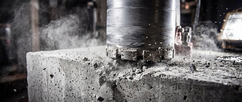 Professional diamond core drilling machine cutting concrete slab with dust and debris scattering during construction site operation