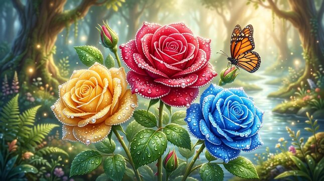 Beautiful roses and butterfly in mystical forest with dew drops