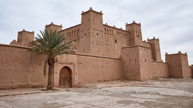 Ancient clay fortress kasbah with palm tree under cloudy sky