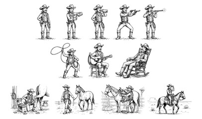 Naklejka premium Western Cowboy Cartoon Doodle Set