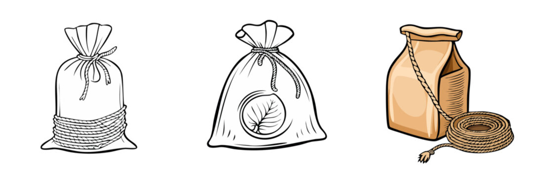 Set of drawn bags with rope and twine for storage and packaging