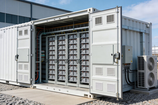 Large industrial battery storage system housed in a shipping container