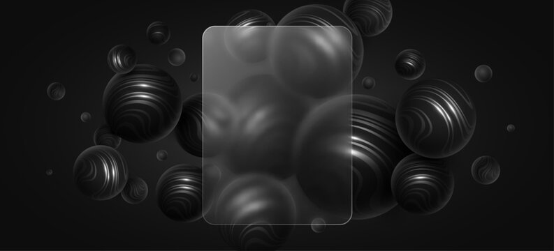 Futuristic semi transparent frosted rectangle glass panel with morphism effect surrounded by glossy 3D spheres textured with striped wavy pattern. Vector illustration.