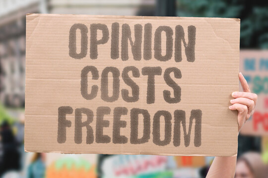 "Opinion costs freedom" Expressing a view can lead to imprisonment. IMPRISONMENT. EXPRESSION. VIEW. PENALTY. OPPRESSION.