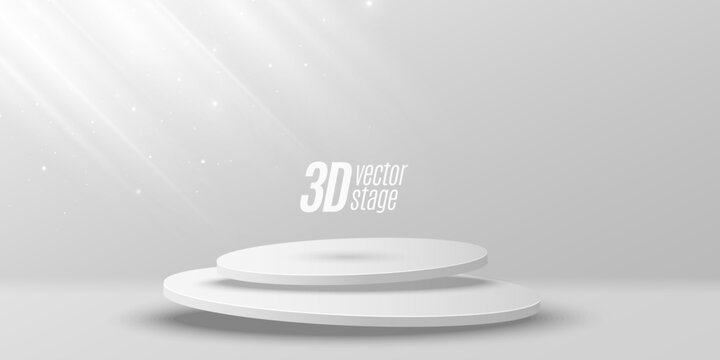 Minimalist white 3D product display podium featuring two levitating overlapping circular stages with soft light rays on a clean gray studio background. Modern empty platform. Vector illustration.
