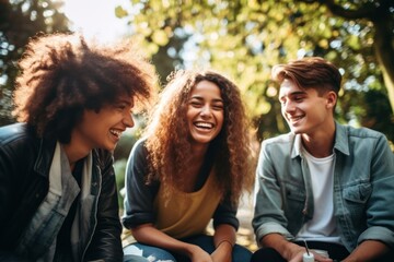 Fototapeta premium Cheerful teenagers sitting together laughing outdoors adult.