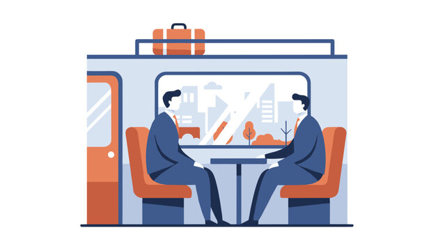 Businessmen sitting at table inside train car with luggage on overhead rack traveling for professional work trip.