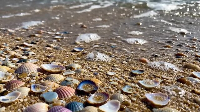 Close low-angle motion showing gentle wave advancing across shell-strewn coarse sand, foam edge washing over scattered intact and broken scallop shells and tiny pebbles, leaving glossy wet surface