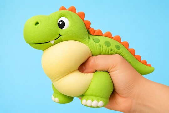 Soft toy dinosaur being squeezed, body bulging out comically.