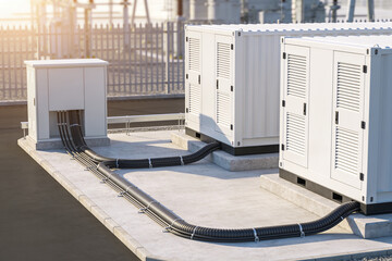 Modern electrical equipment with power cables and ventilation units on concrete pad © Snide12