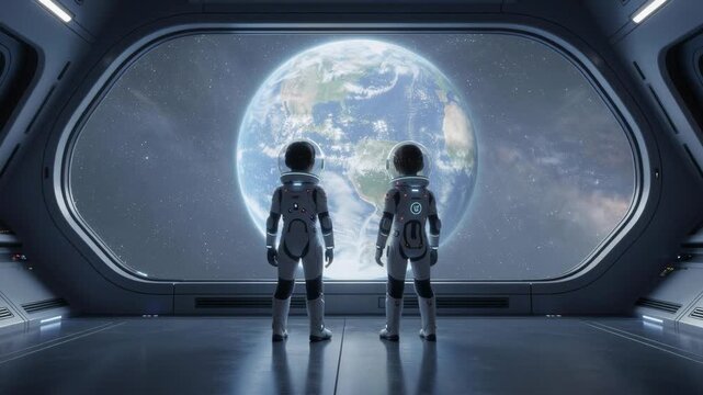 Two astronauts inside a futuristic spaceship looking out a giant window at space exploration