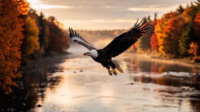 Majestic bald eagle soaring gracefully over a peaceful river surrounded by vibrant nature scenery