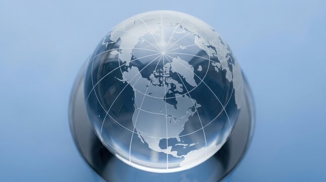 Clear glass globe paperweight with etched map of north america on a light blue background