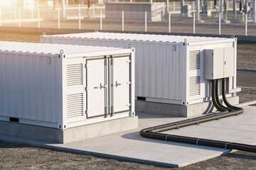 Modern energy storage containers with electrical conduits on a concrete pad © Snide12