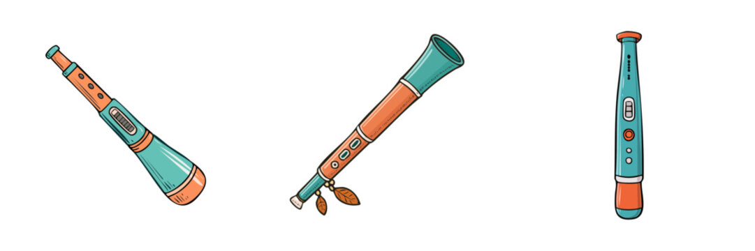 Set of colorful musical wind instruments, woodwind objects, and cultural sound makers