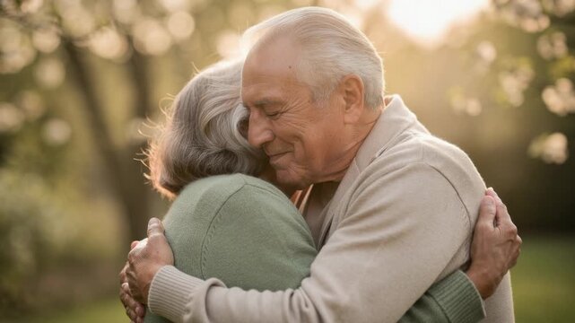 Tender moment elderly couple embraces warmly in sunlit garden outdoor love and connection