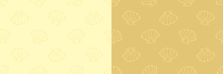 Elegant seamless seashell line art pattern in cream and gold colorways. Ideal for coastal home decor, luxury resort branding, and summer beach apparel. © ArtValeriia