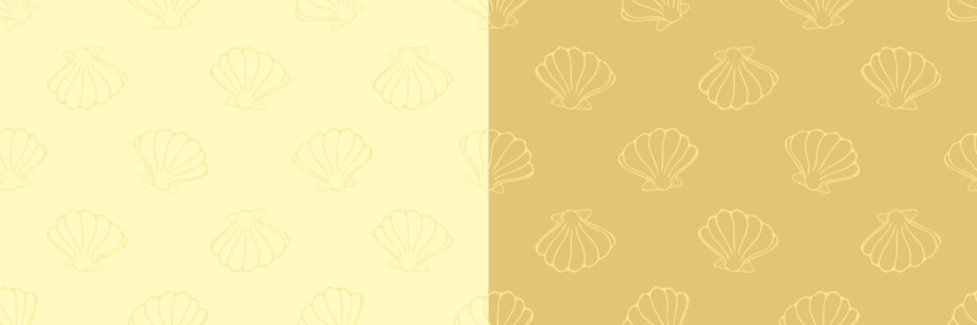 Elegant seamless seashell line art pattern in cream and gold colorways. Ideal for coastal home decor, luxury resort branding, and summer beach apparel.