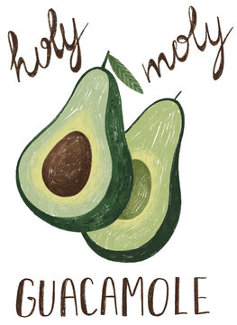 Humorous kitchen wall art with avocado illustration and witty pun phrase &ldquo;Holy Moly Guacamole&rdquo;. Modern typography poster designed for kitchen decor, food lovers, caf&eacute;s and trendy home interiors.