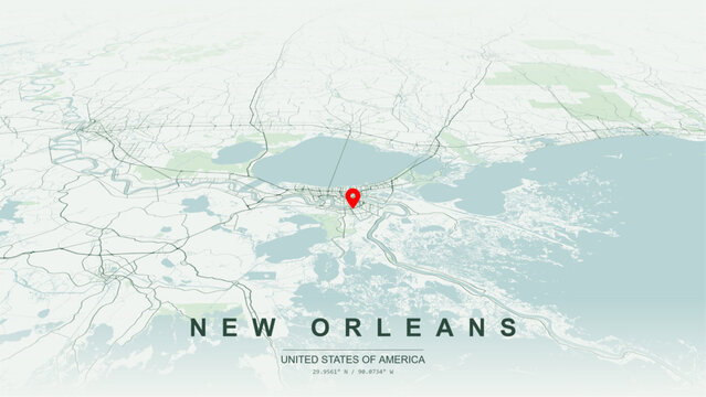 Modern minimalist vector map of New Orleans, Louisiana, USA. High-quality scalable illustration of New Orleans Orleans County city grid, Mississippi Riverfront loops for posters design.
