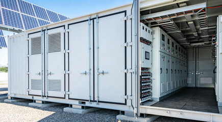 Containerized battery energy storage system with solar panels in background © Snide12