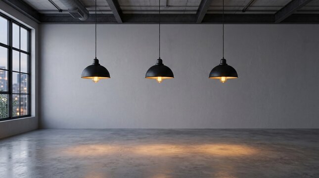 Contemporary loft studio with three hanging black dome pendant lights casting a warm vintage amber glow down onto a smooth grey floor.
