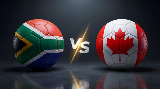 3D Render of South Africa and Canada Flag Soccer Balls Facing Off with Light Streak Versus Text