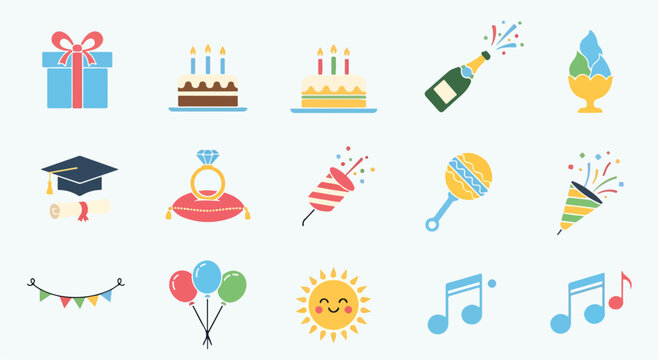 Colorful cartoon icons celebrating milestones and festivities