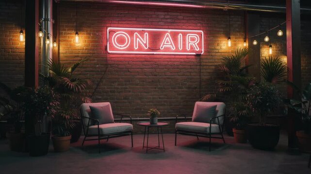 Cozy stylish studio setup with modern chairs warm lighting and glowing ambiance for interior design