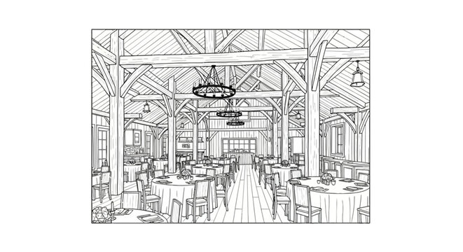 Rustic banquet hall with timber beams and round tables