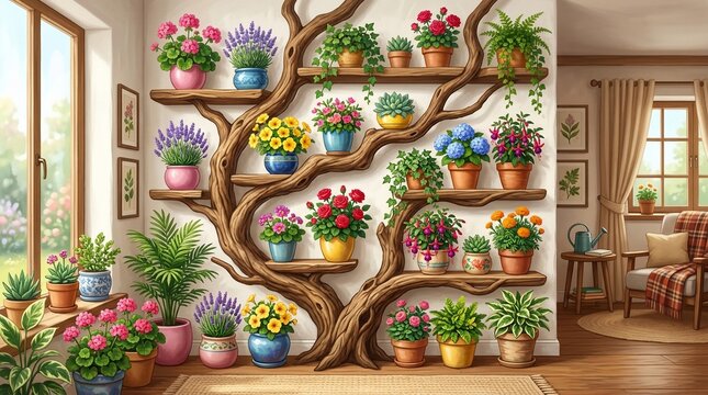 Beautiful indoor garden with colorful flowers and plants on wooden shelves