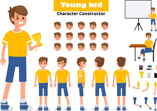 Cute Kid Character Creator Pack, Turnaround Sheet with Emotions, Poses and Animation Design Elements