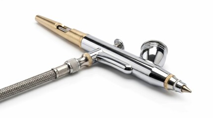 Fototapeta premium Shiny chrome airbrush tool with gold details and flexible braided hose on a white background