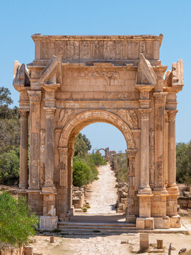 Arch of Septimus Severus in Leptis Magna, Libya on a sunny afternoon