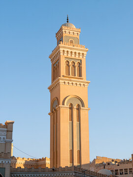 Minaret of the World Islamic Call Society in Tripoli, Libya, during sunset