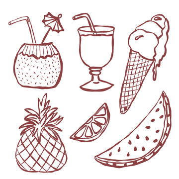 Summer drinks and tropical fruits doodle set. Vector brown line art illustration of ice cream, watermelon, pineapple, and cocktails.