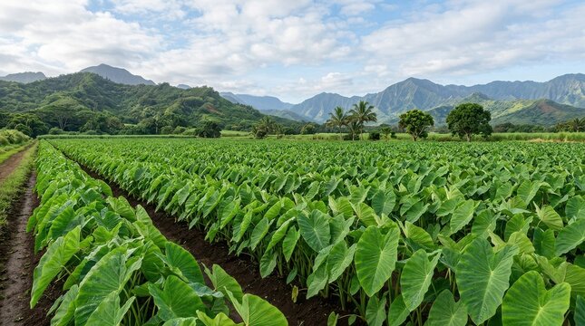 Rows of green taro plants in a tropical field with distant mountains and blue cloudy sky