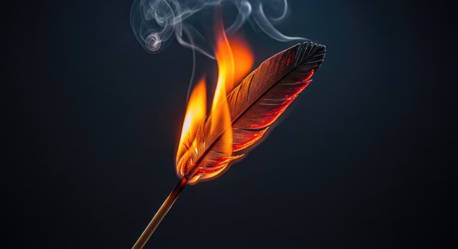 Burning feather on matchstick with smoke trails.